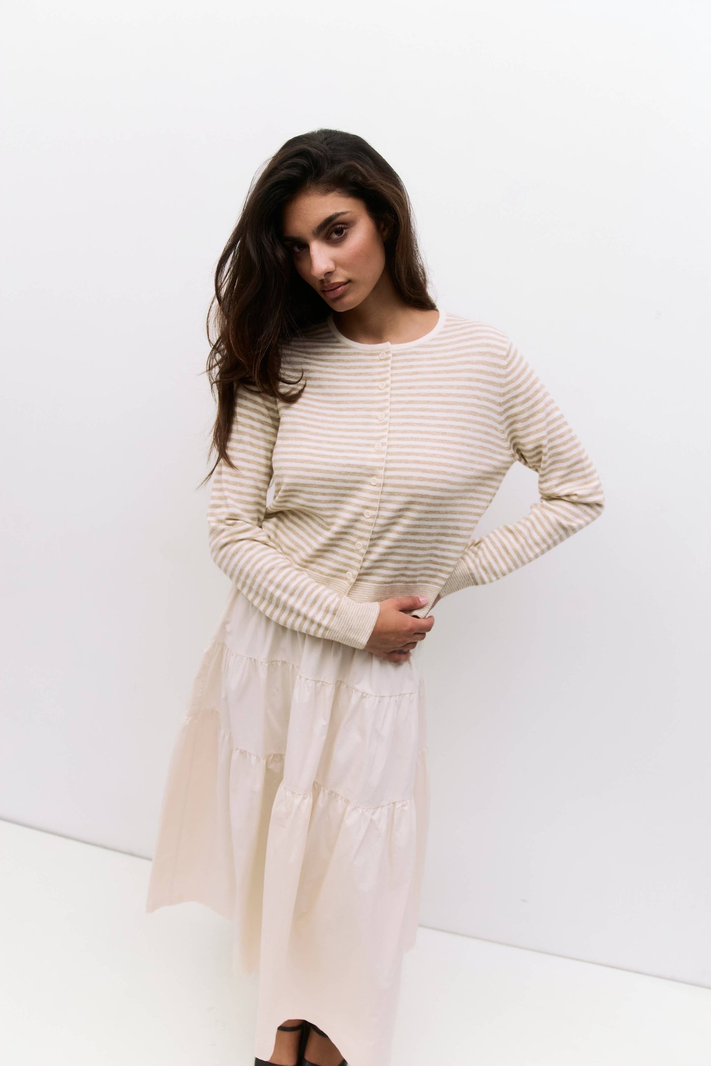 The Sunday Cardigan in Beige Stripe
