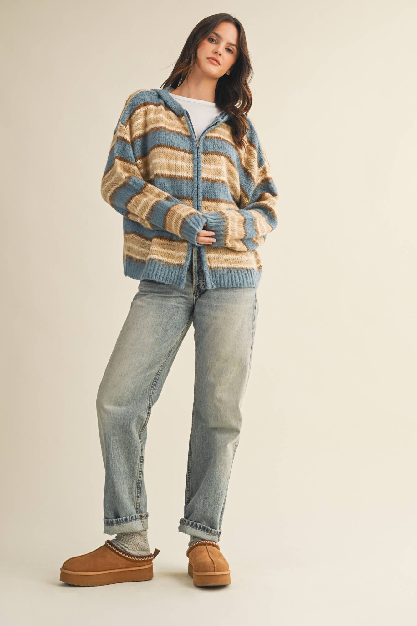 SWEATER HOOD ZIP UP JACKET: DENIM MULTI