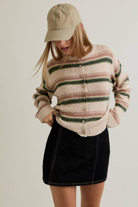 ROUND NECK STRIPE FUZZY REGULAR  CARDIGAN