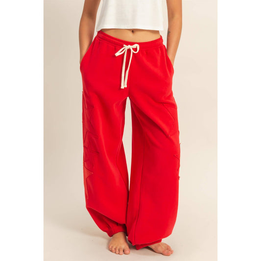 Star Patch Casual Drawstring Jogger Pants in RED