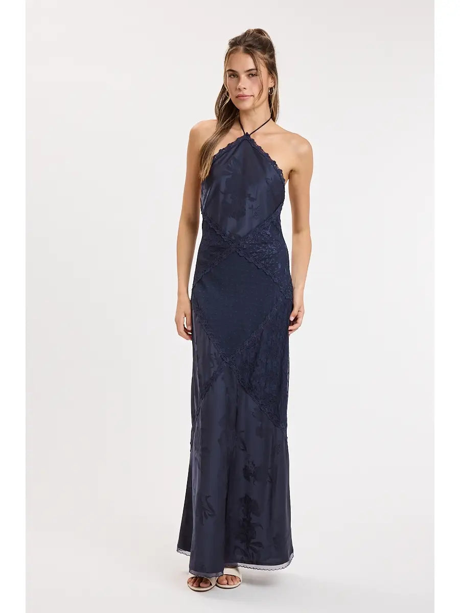 Serena Lace Halter Maxi Dress in Navy
