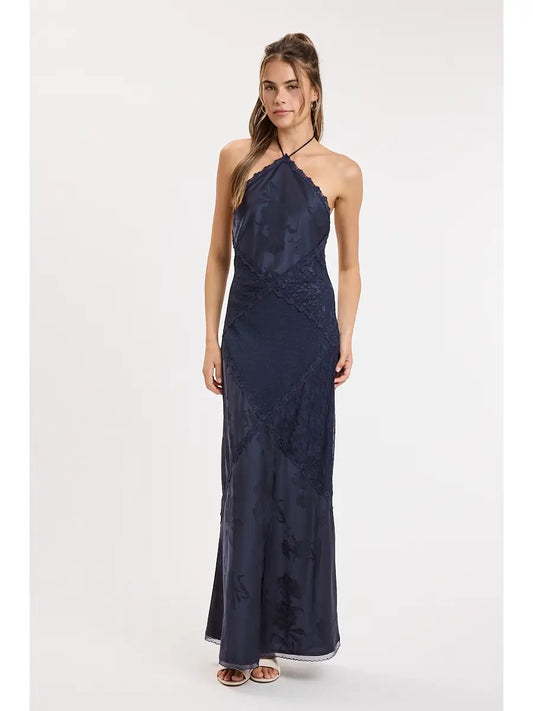 Serena Lace Halter Maxi Dress in Navy