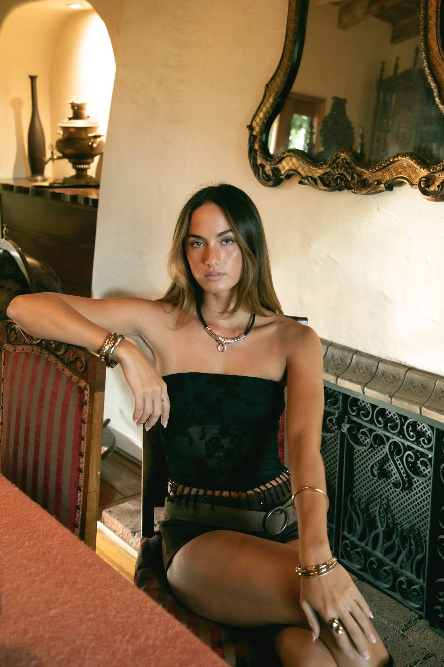 MIRABELL Flocked Mesh Sequence Beaded Bandeau