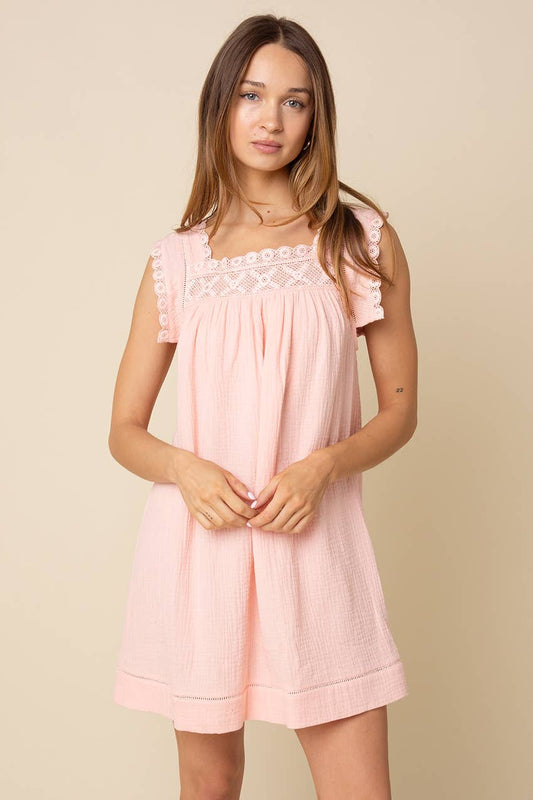 Jamya Square-Neck Empire Mini Dress in Coral