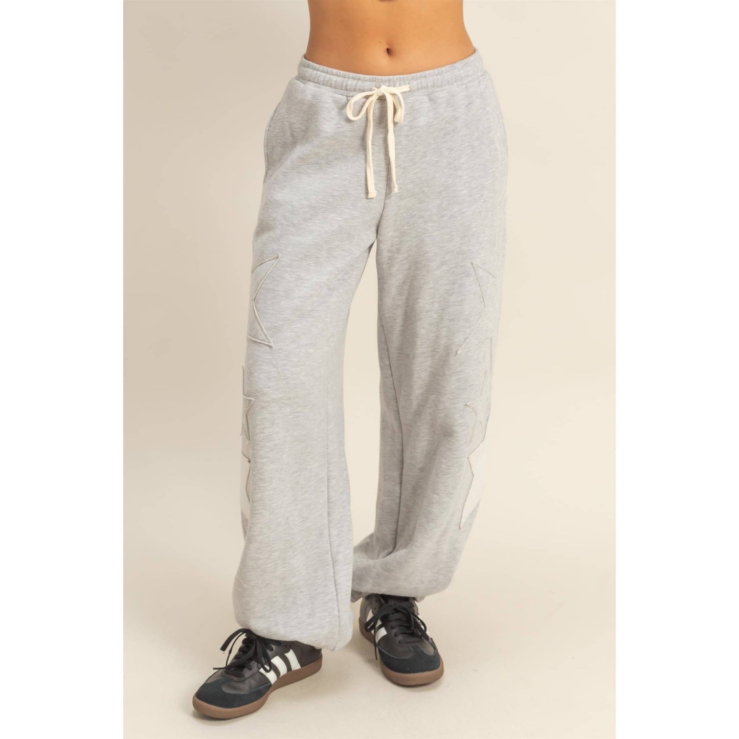 Star Patch Casual Drawstring Jogger Pants in Heather Grey