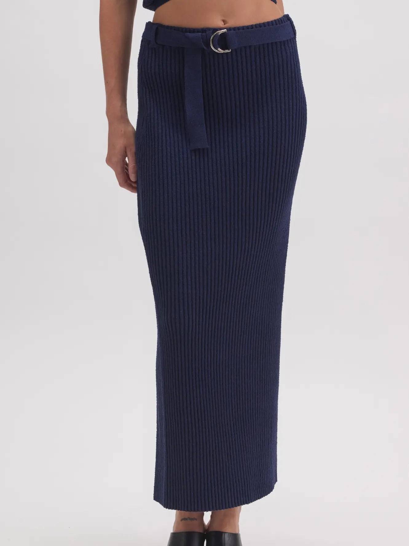 Navy Ribbed Midi Skirt