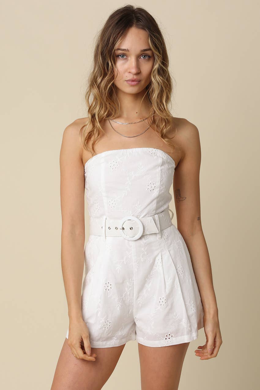 Kaya Strapless Belted Romper in White