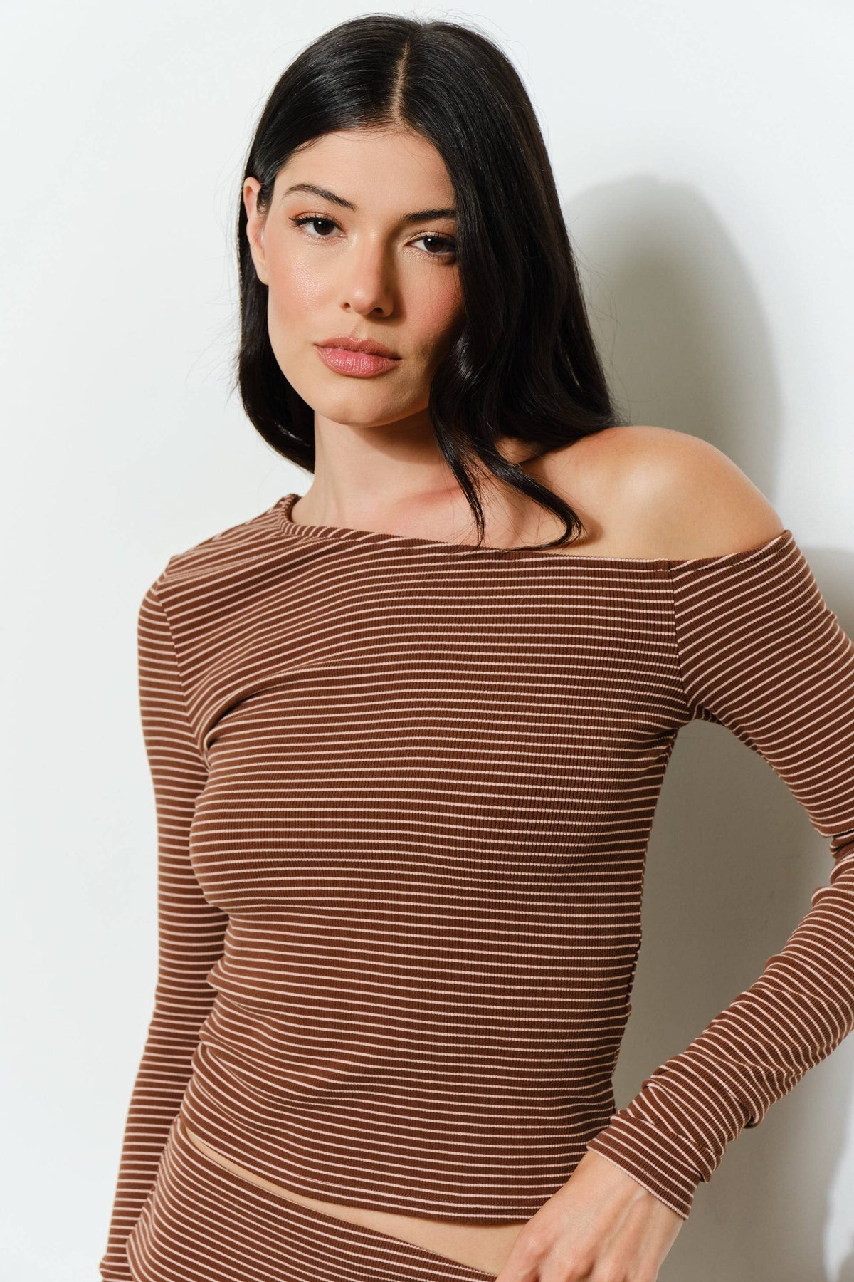 Grady Striped One Shoulder Top in Brown