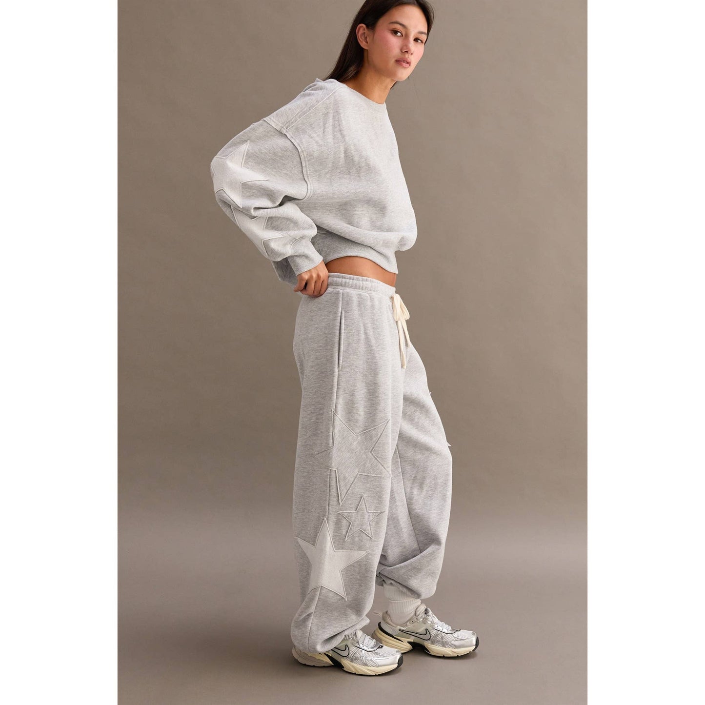 Star Patch Casual Drawstring Jogger Pants in Heather Grey