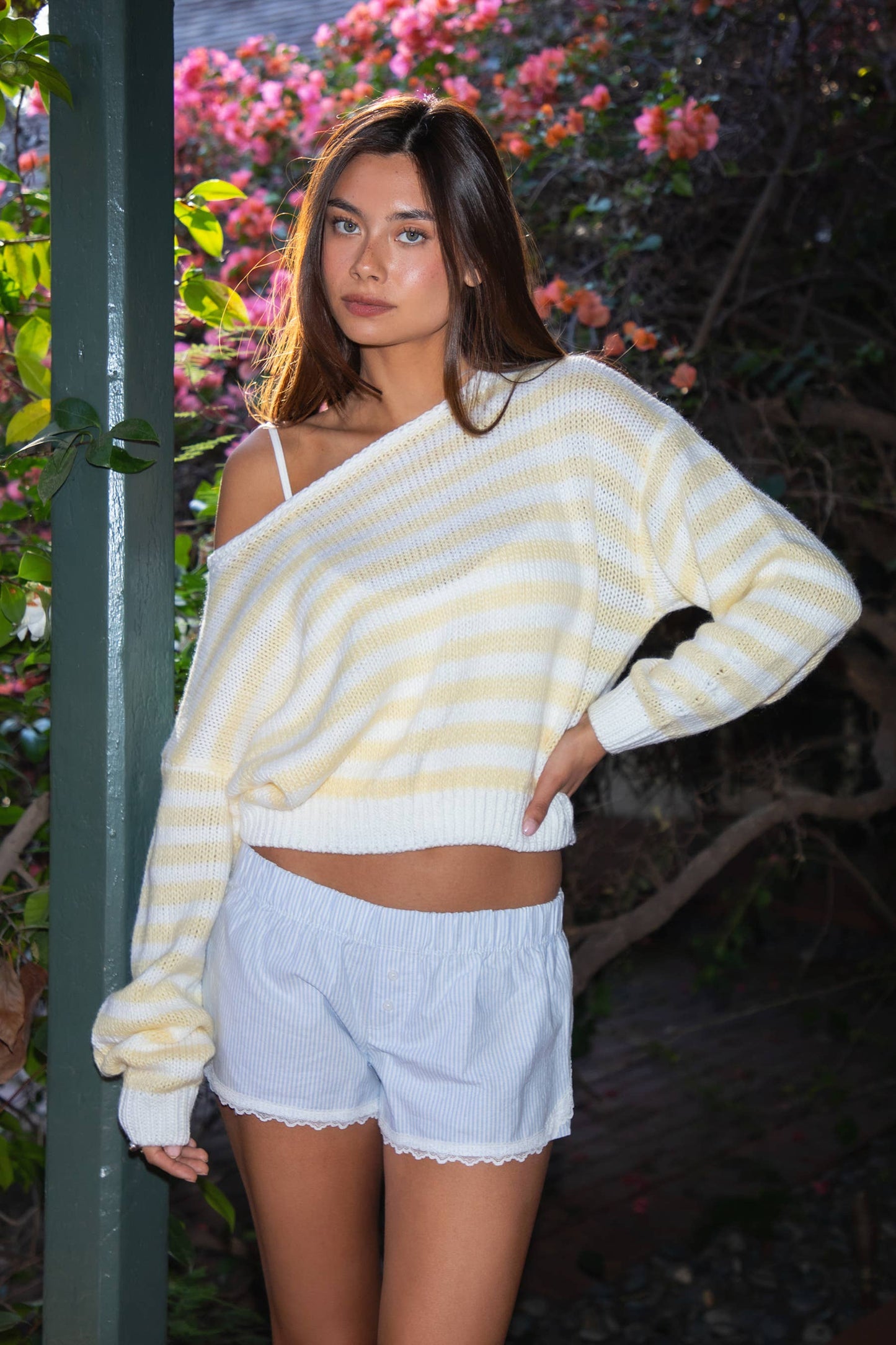 Paisey Striped Off-The-Shoulder Sweater Knit Pullover in Yellow