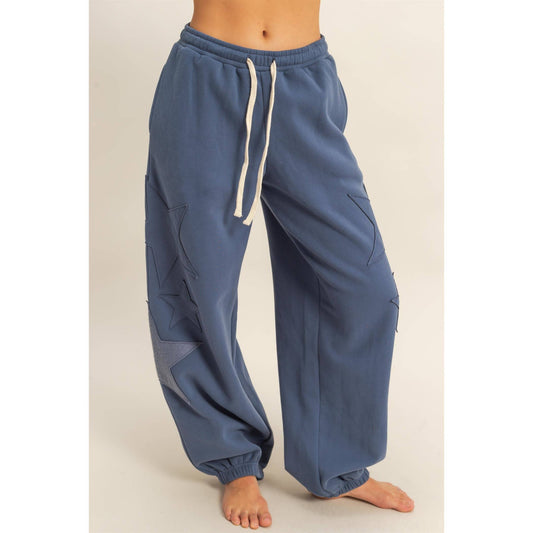 Star Patch Drawstring Pants in Dusty Blue