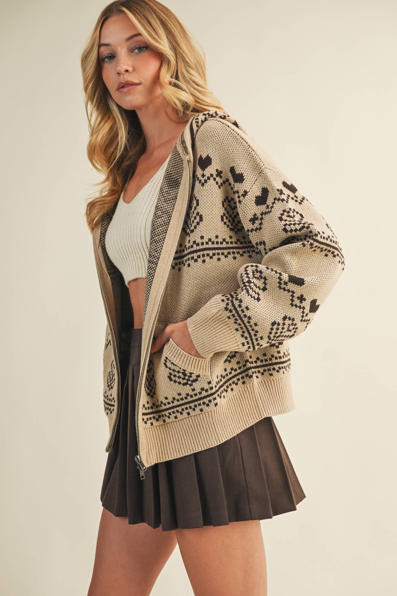 NORDIC JACQUARD SWEATER HOOD ZIP UP JACKET Taupe