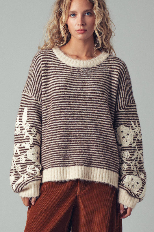 Floral Embroidered Striped Knit Sweater in Brown