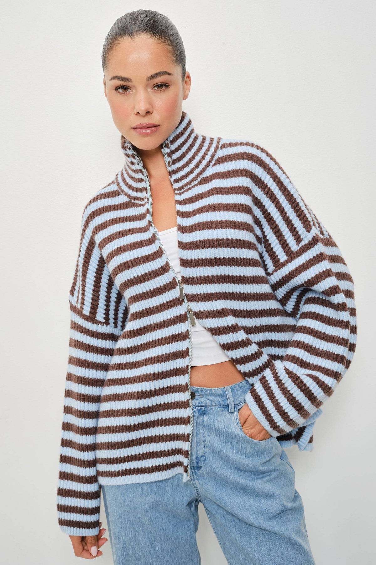 Zane Striped Mocked Neck Zip Up Jacket