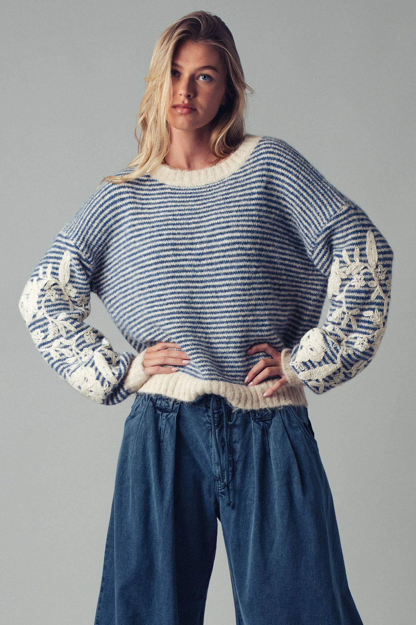 Floral Embroidered Striped Knit Sweater