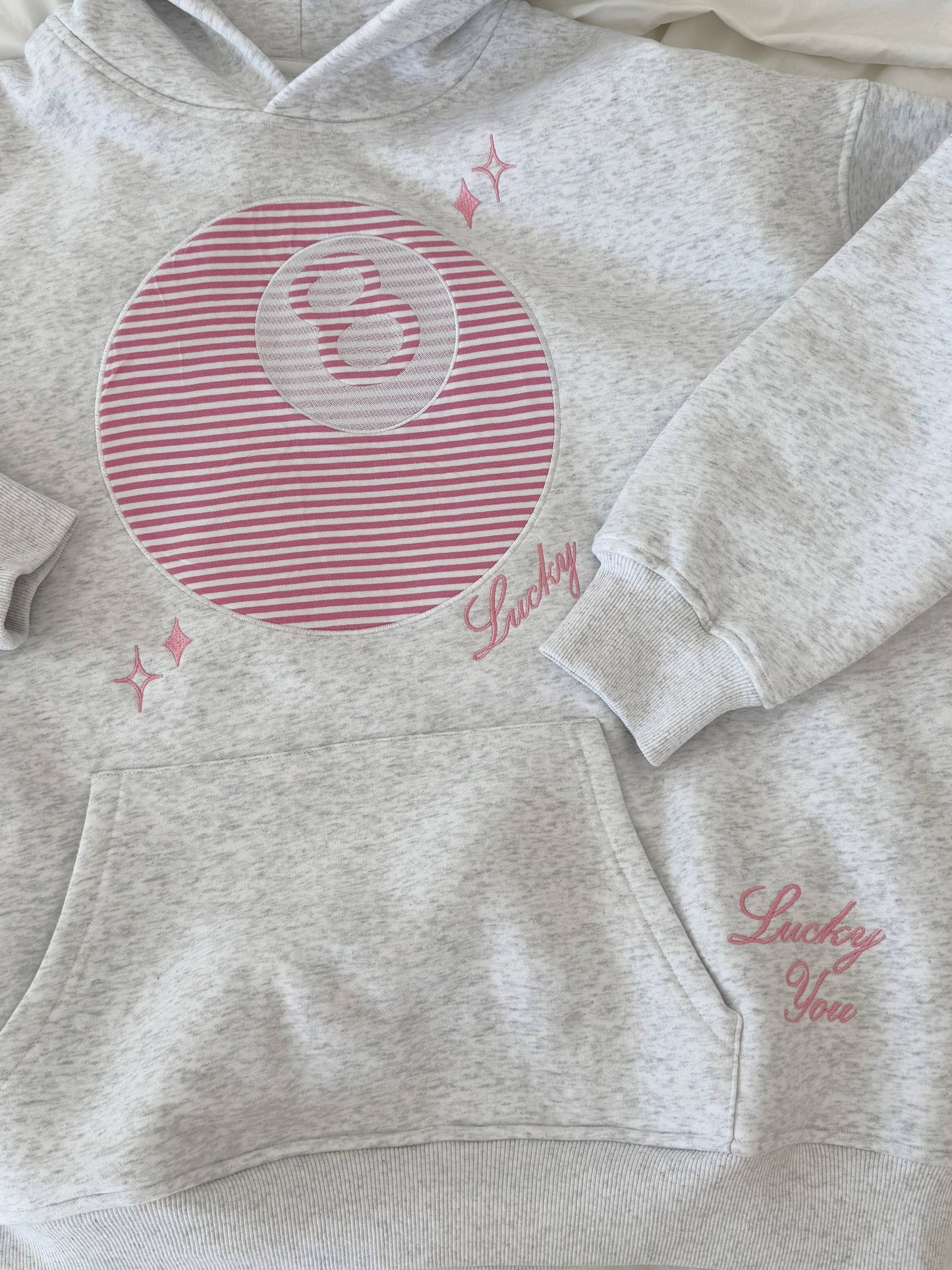 Pearl Grey Lucky You 8 Ball Embroidered Hoodie