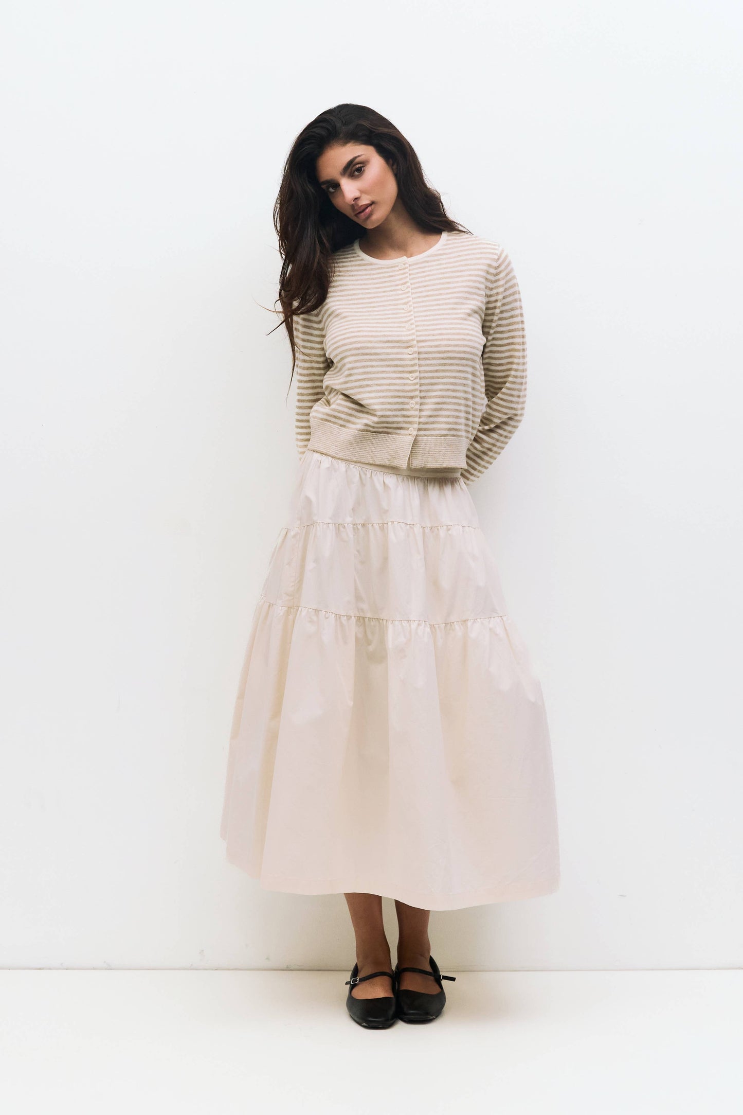 The Sunday Cardigan in Beige Stripe