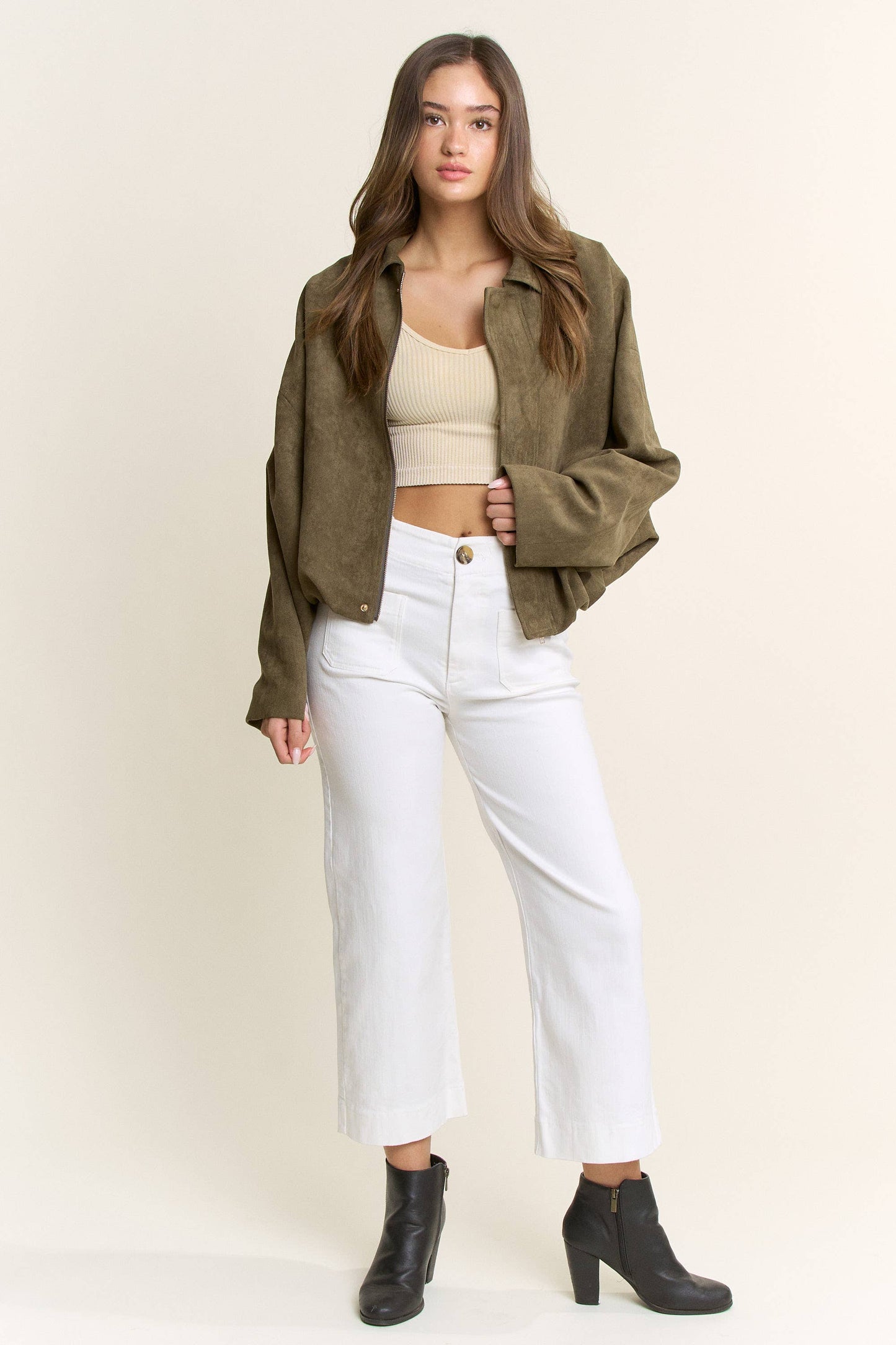 Olive Suede Bomber Jacket