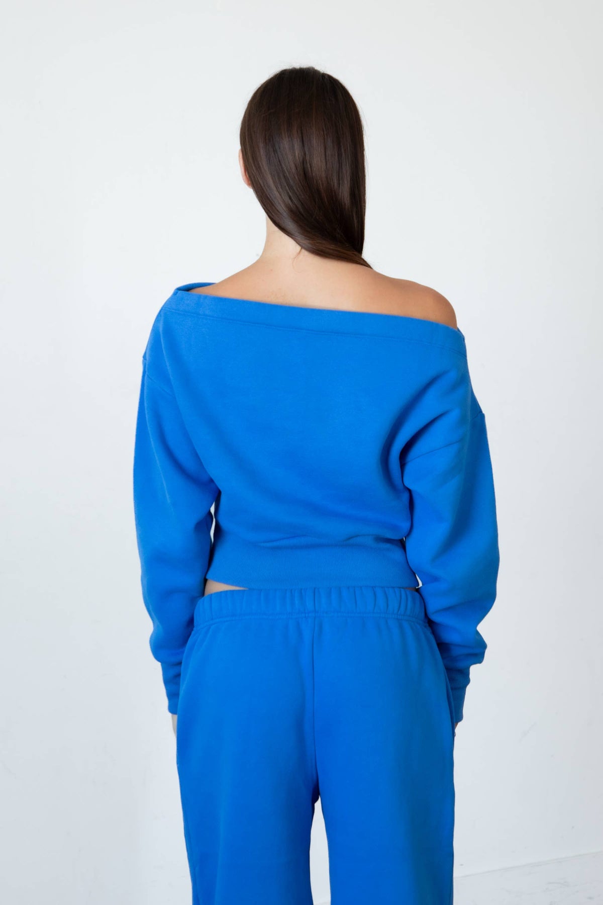 Jet Set Off Shoulder Sweatshirt in Electric Blue