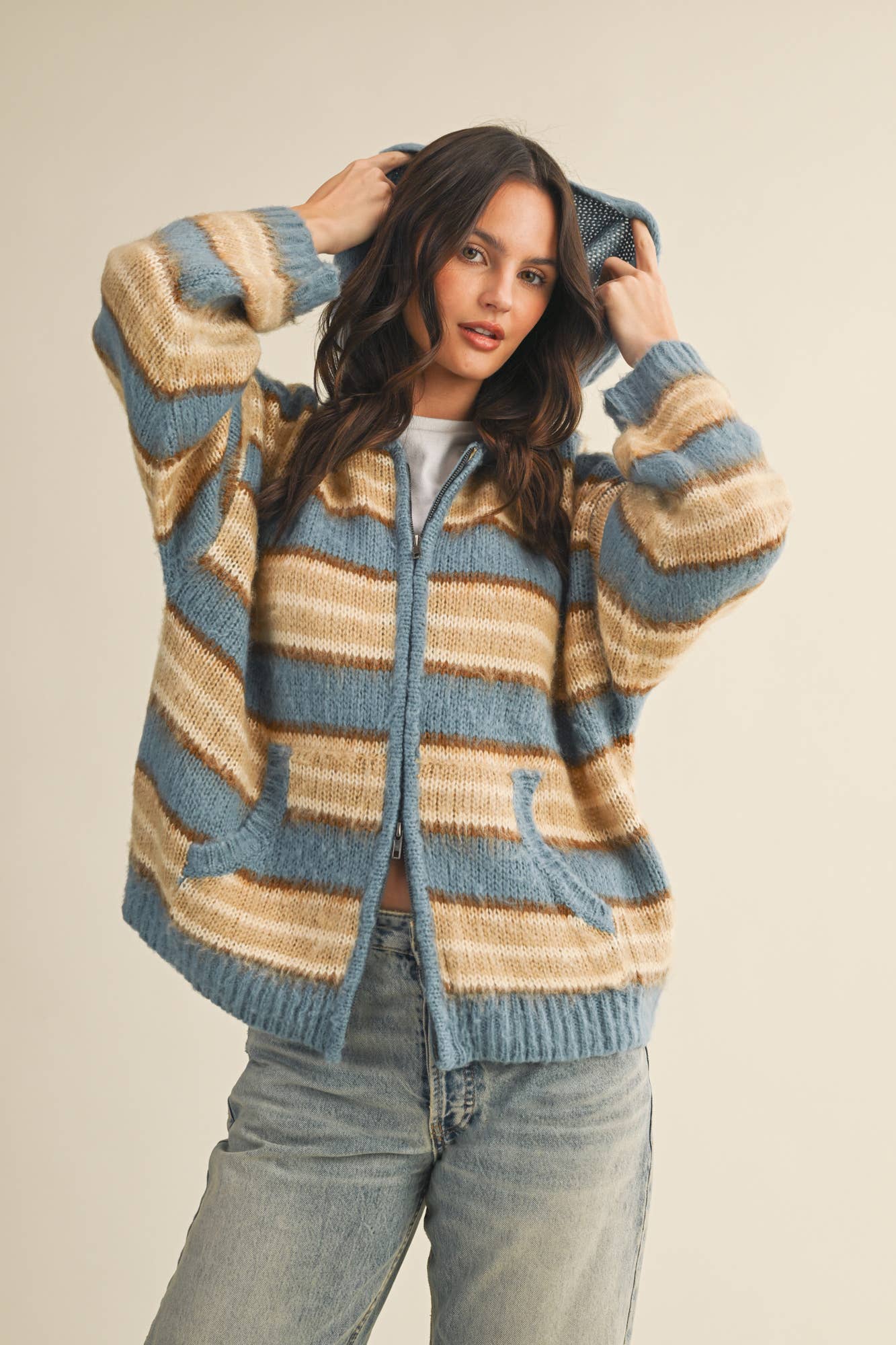 SWEATER HOOD ZIP UP JACKET: DENIM MULTI