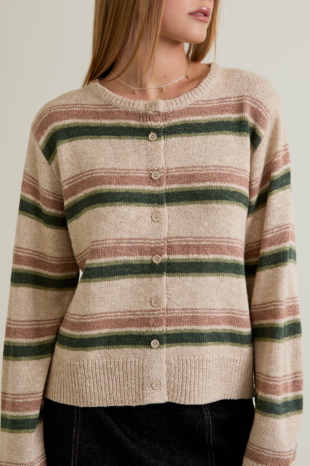 ROUND NECK STRIPE FUZZY REGULAR  CARDIGAN